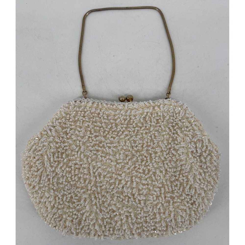 La Regale Ivory Beaded Evening Clutch with Gold Chain